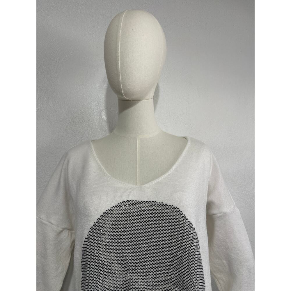 Venti6 Skull White Silver Rhinestone Oversized M Sweater Rockstar Metal Goth - Picture 4 of 12